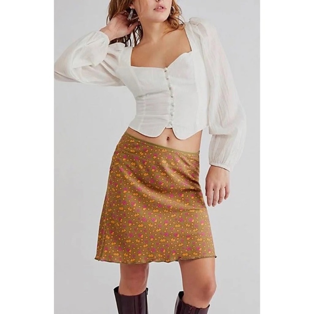 Free People Midi Skirt IRL Floral Olive Green Midi Skirt Lettuce Hem Womens 4